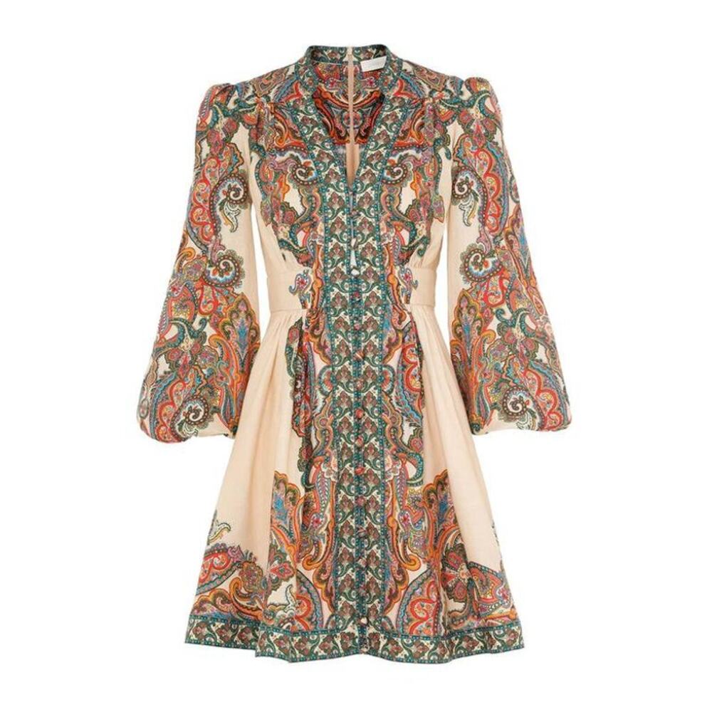 Zimmermann Ottie Plunge Mini Dress Multicolor Paisley Linen Floral Logo XS 0 - Picture 10 of 12